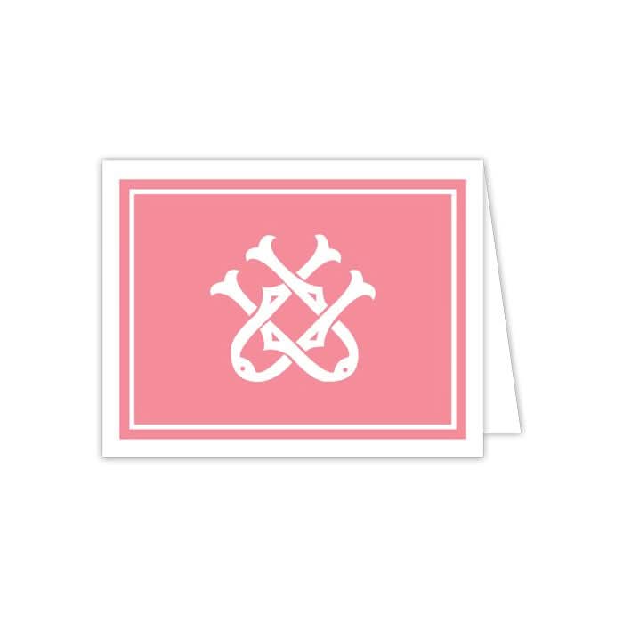 The Gift Bar - Folded Note is a pink greeting card featuring an elegant white pattern of intertwined fish and bones. As part of a set of 10 notecards, it is partially open to reveal a blank interior, ideal for your personalized message. Envelopes are included to make this delightful collection complete.