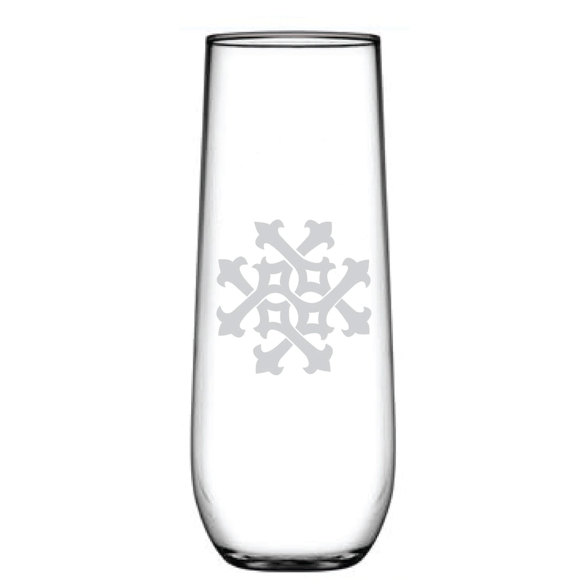 The 1-Letter Monogrammed Stemless Champagne Flute is a tall, clear cylindrical glass with a white geometric key pattern in the center. It features a smooth, glossy surface and can be personalized with your initials for an elegant touch.