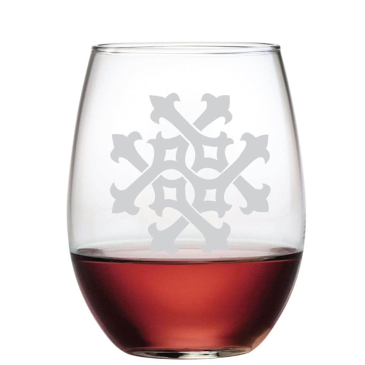 The 1-Letter Etched Initial Stemless Wine Glass, ideal as a gift, is partially filled with red wine. It features a monogram style with frosted geometric patterns on its surface against a white background.