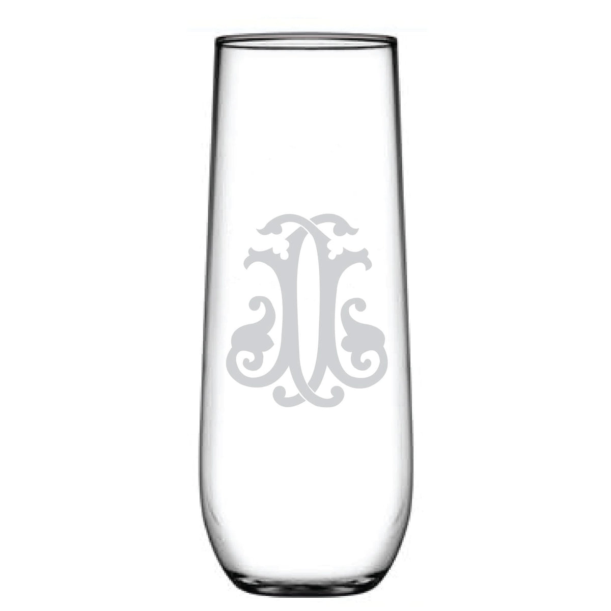 A 1-Letter Monogrammed Stemless Champagne Flute with a transparent design, featuring an elegant and symmetrical gray monogram etched on the glass.