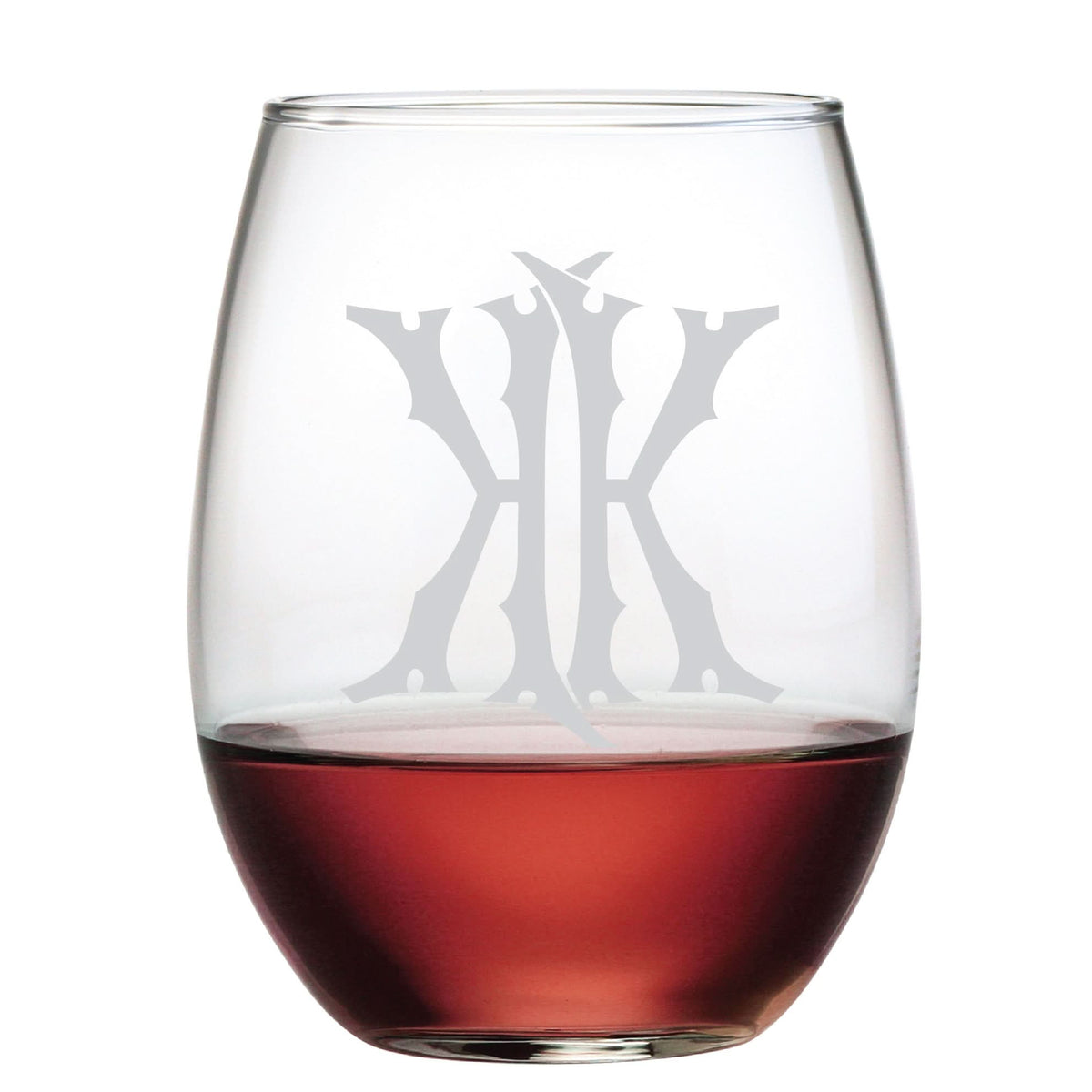 The 1-Letter Etched Initial Stemless Wine Glass, featuring a large, ornate letter K in a classic monogram style and partially filled with red wine, makes for an elegant and thoughtful gift for any occasion.