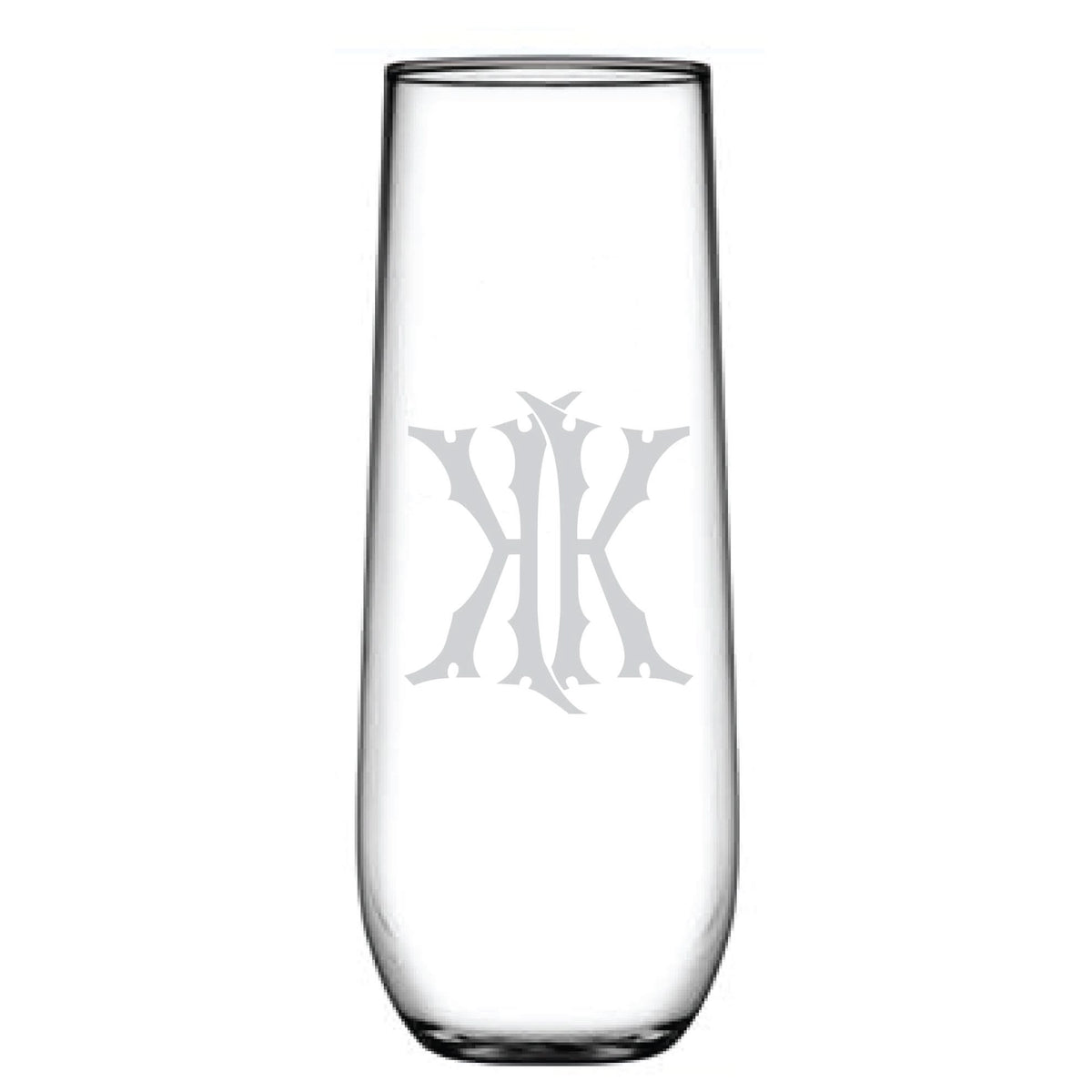 The 1-Letter Monogrammed Stemless Champagne Flute features a transparent surface with a stylized letter K etched on it and gently widens from base to rim.
