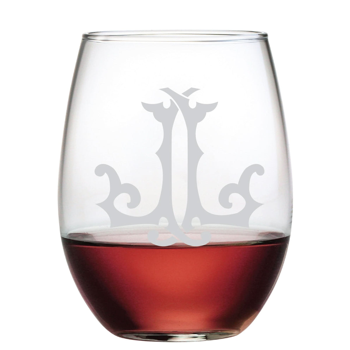 The 1-Letter Etched Initial Stemless Wine Glass, ideal for gifting, is partially filled with red wine. It showcases an intricate monogram-style white decoration on its surface against a plain white background.