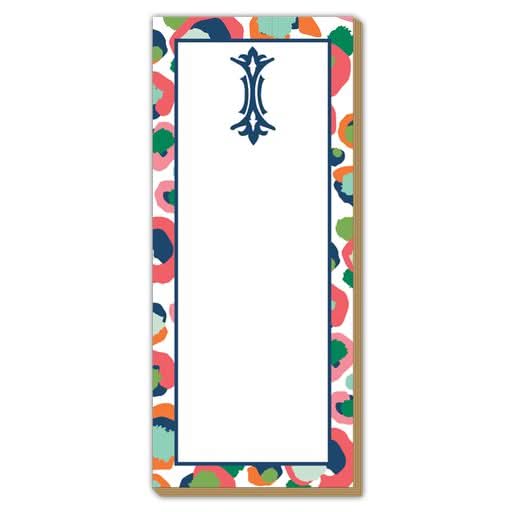 The Gift Bar - Luxe Skinny Pad measures 3.5 x 8.5 and is crafted from durable 100# card stock, showcasing an abstract pattern with vibrant splotches of orange, pink, green, and blue. The center stays white with a decorative navy blue emblem at the top.