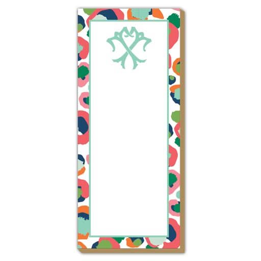 The Gift Bar - Luxe Skinny Pad is a vibrant notepad measuring 3.5 x 8.5 inches, featuring an abstract, multicolored border and a stylized blue-green logo at the top of each blank white page, all beautifully printed on durable 100# card stock.