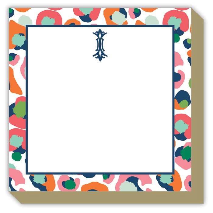Introducing the Gift Bar - Mini Luxe Notepad, a decorative notepad featuring 100 sheets with vibrant abstract borders in orange, blue, pink, and green. Measuring 4 x 4 inches, each sheet includes a blank center with an elegant ornamental design at the top.