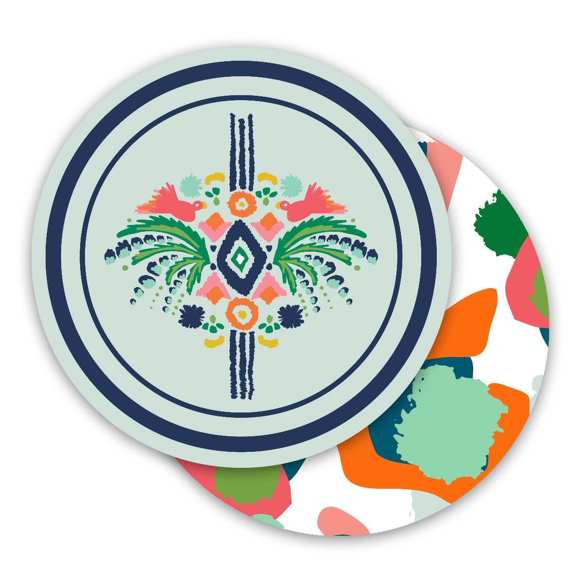 Introducing the Multi Spot Cheetah Round Paper Coasters set: two striking circular coasters, featuring a vibrant floral design on one and dynamic green, orange, and pink abstract splashes on a crisp white backdrop on the other. Ideal for enhancing your home décor with a splash of color.