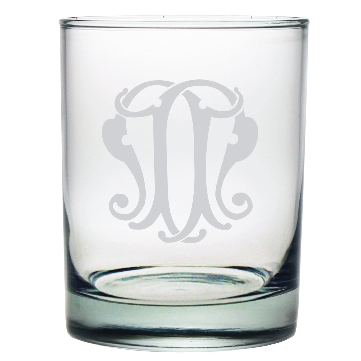 The 1-Letter Monogrammed Lowball Glass features a cylindrical shape, a thick base, and an elegant swirling monogram etched on one side, all against a white background—ideal for any occasion.