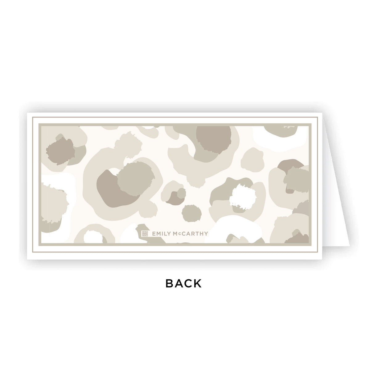 Introducing the Neutral Spot Cheetah Place Cards: a set of chic paper place cards, perfect for any occasion. These rectangular cards feature a minimalist design with beige and white abstract blobs. Measuring 2.25 x 4.5 inches, they come in a convenient pack of 10. The word "BACK" is labeled on them, and they stylishly display the name Emily McCarthy in small text at the center.