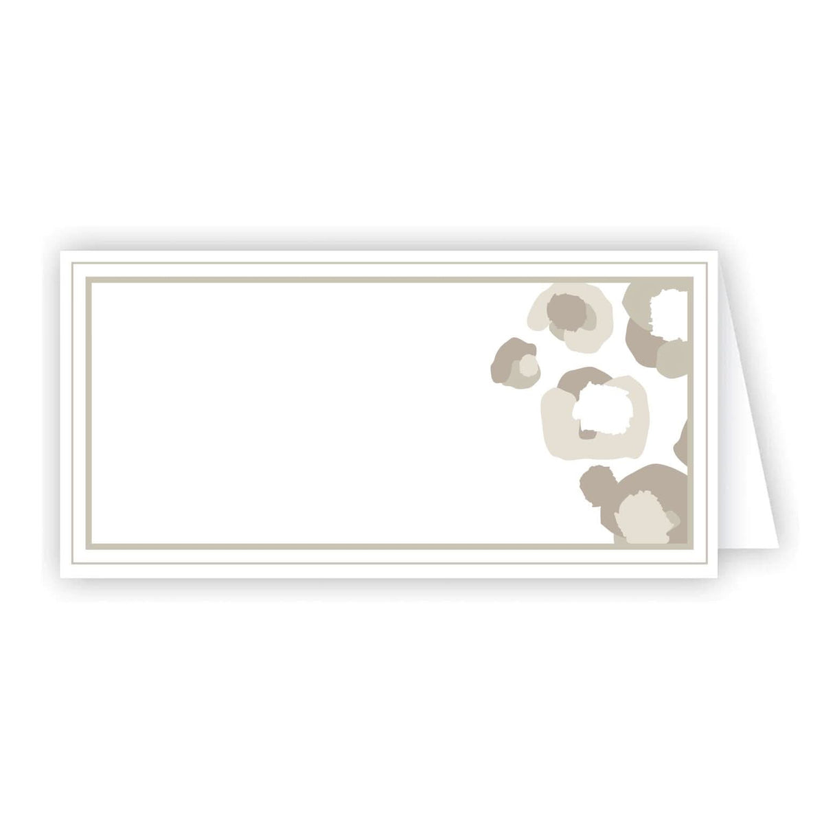 The Neutral Spot Cheetah Place Cards, available in a pack of 10, are blank and rectangular with a subtle beige and gray floral pattern in the top right corner and a thin beige border. Measuring 2.25 x 4.5 inches when folded, they stand slightly open, making them perfect as elegant place cards for any event.