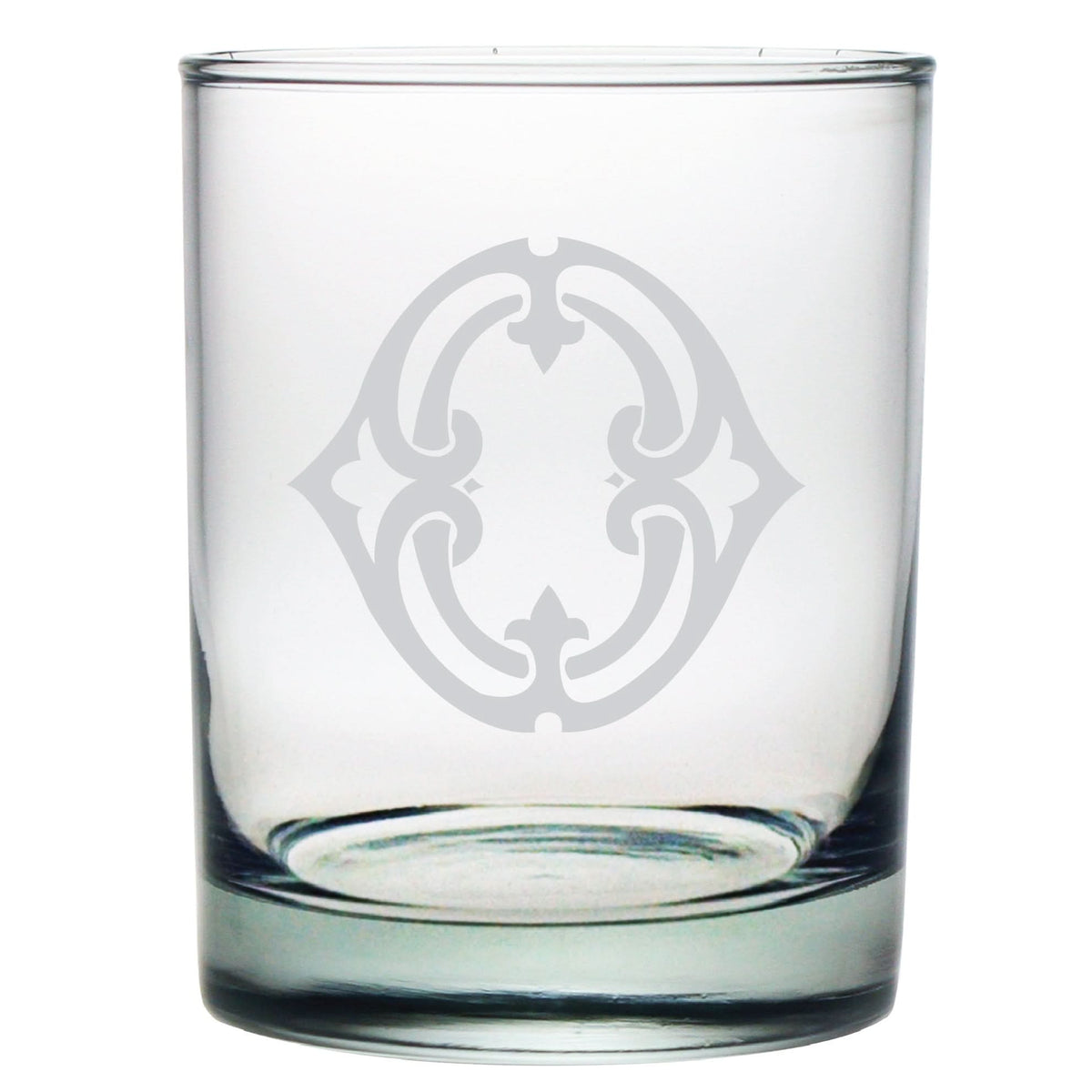 The 1-Letter Monogrammed Lowball Glass features an ornate oval design with a decorative white pattern. Its elegant monogram style and intricate detailing make it the perfect gift.