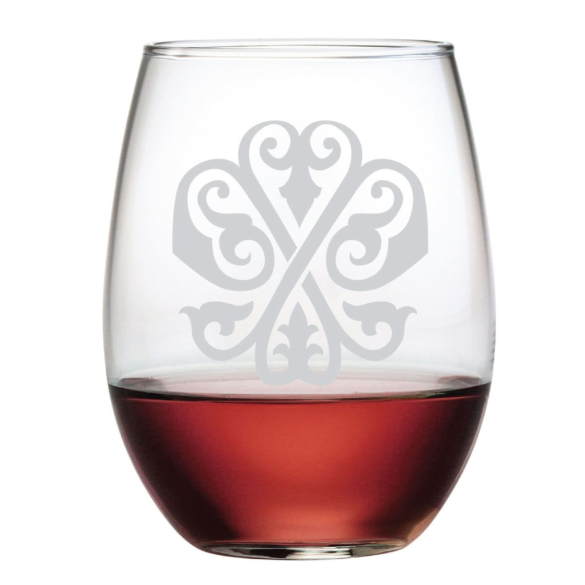 The 1-Letter Etched Initial Stemless Wine Glass, filled halfway with red wine, features an elegant frosted design that adds sophistication against the plain white background. Ideal as a gift.
