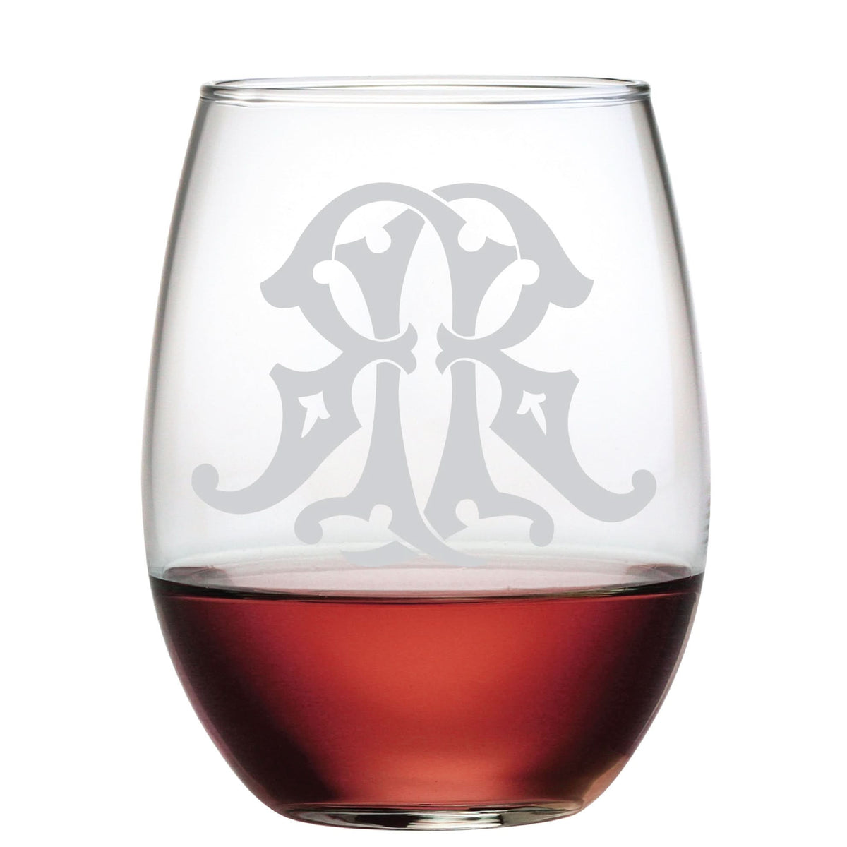 The 1-Letter Etched Initial Stemless Wine Glass, featuring a stylish letter R design and partially filled with rich red wine, is an elegant gift.