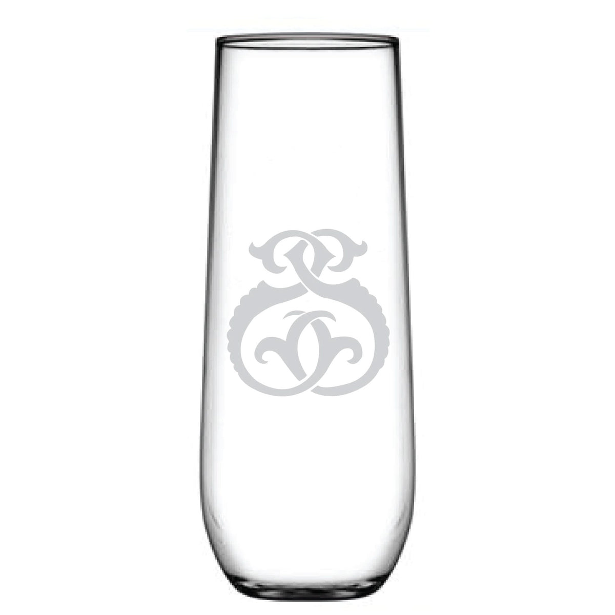 A 1-Letter Monogrammed Stemless Champagne Flute with intricate white etching, showcasing elegant swirling lines in a symmetrical pattern and a personalized initial for a unique touch.