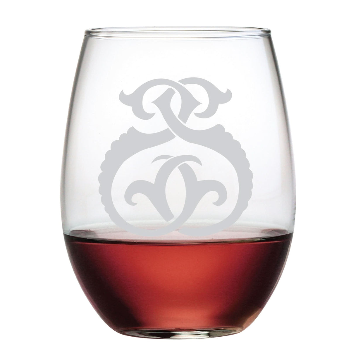 The 1-Letter Etched Initial Stemless Wine Glass is filled halfway with red wine, showcasing a frosted monogram design. This elegant etching contrasts beautifully with the wines rich hue, making it an ideal gift choice.