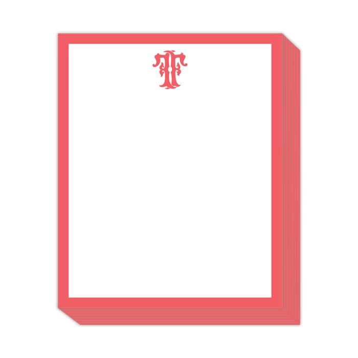 The Gift Bar - Short Stack Pad features 5.25 x 6.5" white paper adorned with a red ornate letter F at the top center and red borders along the edges, providing a formal and elegant appearance with its text weight sheets.