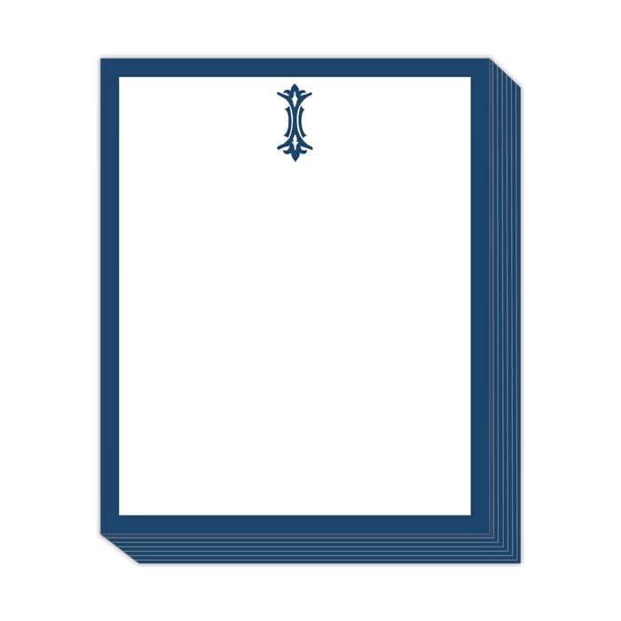 The Gift Bar - Short Stack Pad features 5.25 x 6.5" white stationery paper adorned with a dark blue border and a sophisticated blue emblem at the top center, adding an elegant touch to these text weight sheets.
