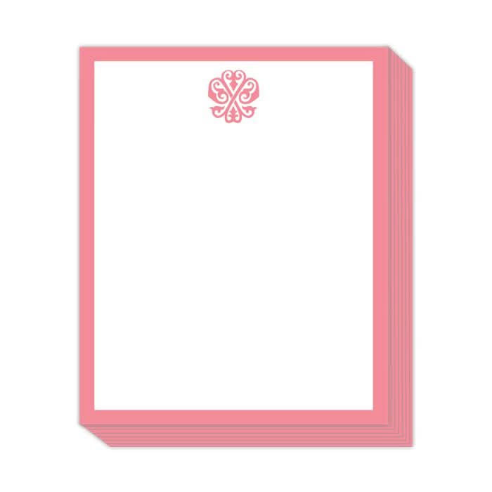 The Gift Bar - Short Stack Pad features 5.25 x 6.5" white pages with pink borders and a decorative pink flourish at the top center, ideal for text weight sheets.