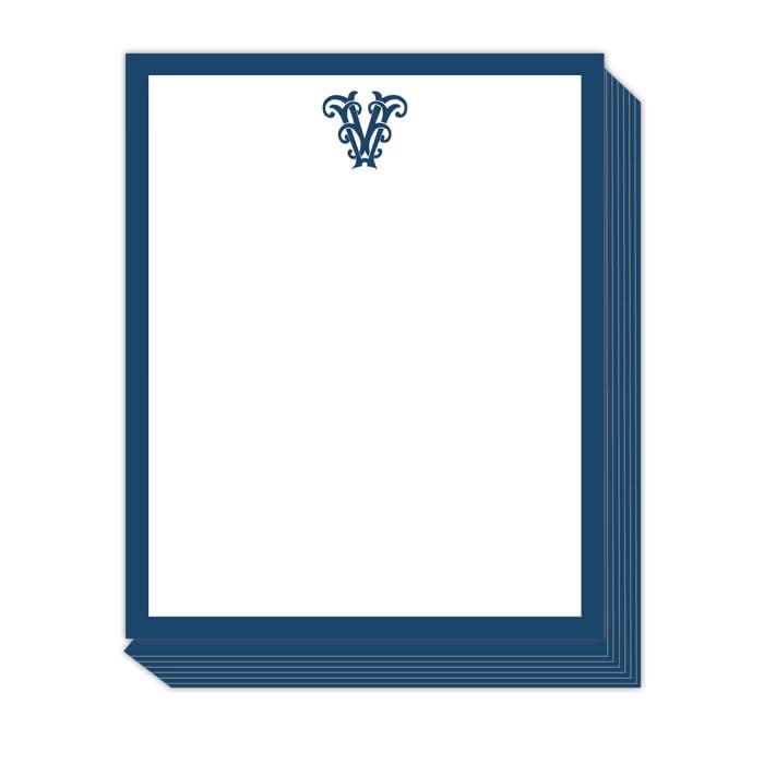 The Gift Bar - Short Stack Pad includes 5.25 x 6.5 white text weight sheets, each with a bold blue border and an ornate blue letter V at the top.