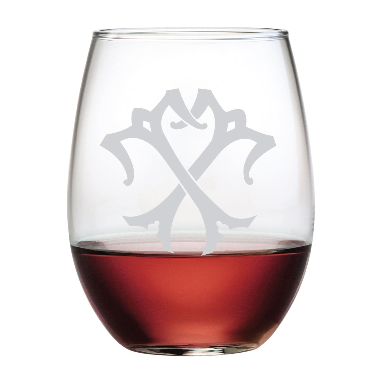 A half-filled 1-Letter Etched Initial Stemless Wine Glass displays an ornate monogram-style design, reminiscent of decorative calligraphy—a refined gift for any occasion.