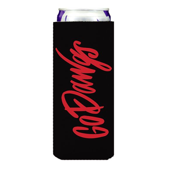 A white can fit snugly in the Go Dawgs Slim Can Koozie, partially revealing the word "Golly" in bold red script. Perfect for tailgate parties, this black can cooler allows just a hint of the top to peek out.