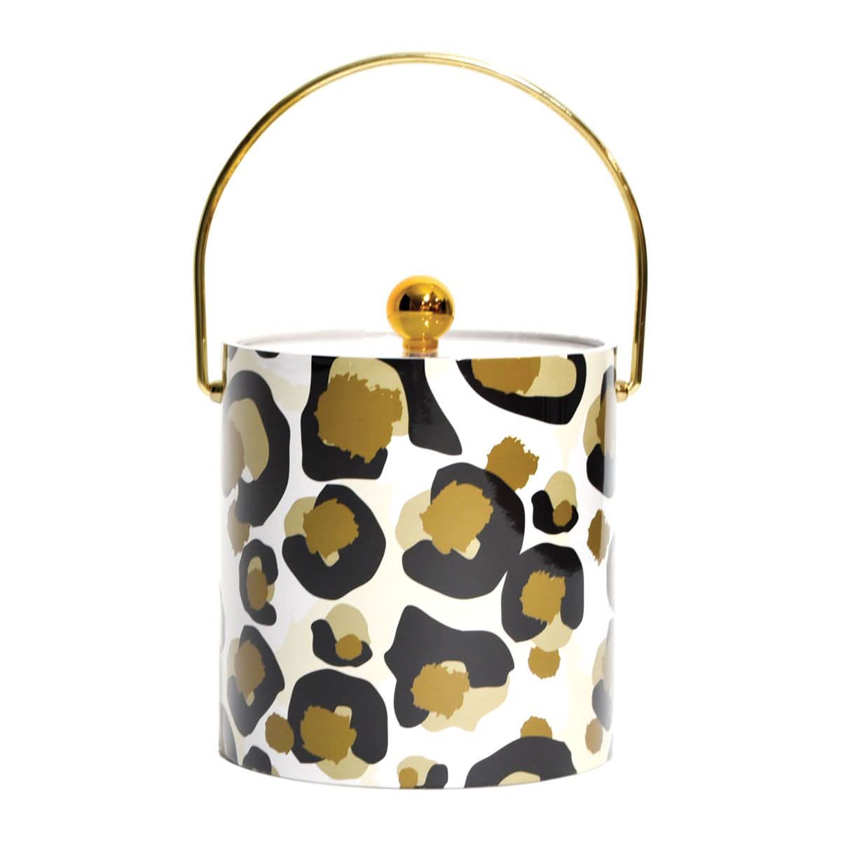 The Ice Bucket - Classic Spot Cheetah features insulated sides, a gold handle and knob, and a bold black-and-gold cheetah print on white—a stylish gift that elevates any gathering.